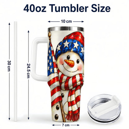 #pl[White] Patriotic Snowman 40oz Tumbler with Handle, American Flag Winter Art