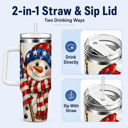 #pl[White] Patriotic Snowman 40oz Tumbler with Handle, American Flag Winter Art