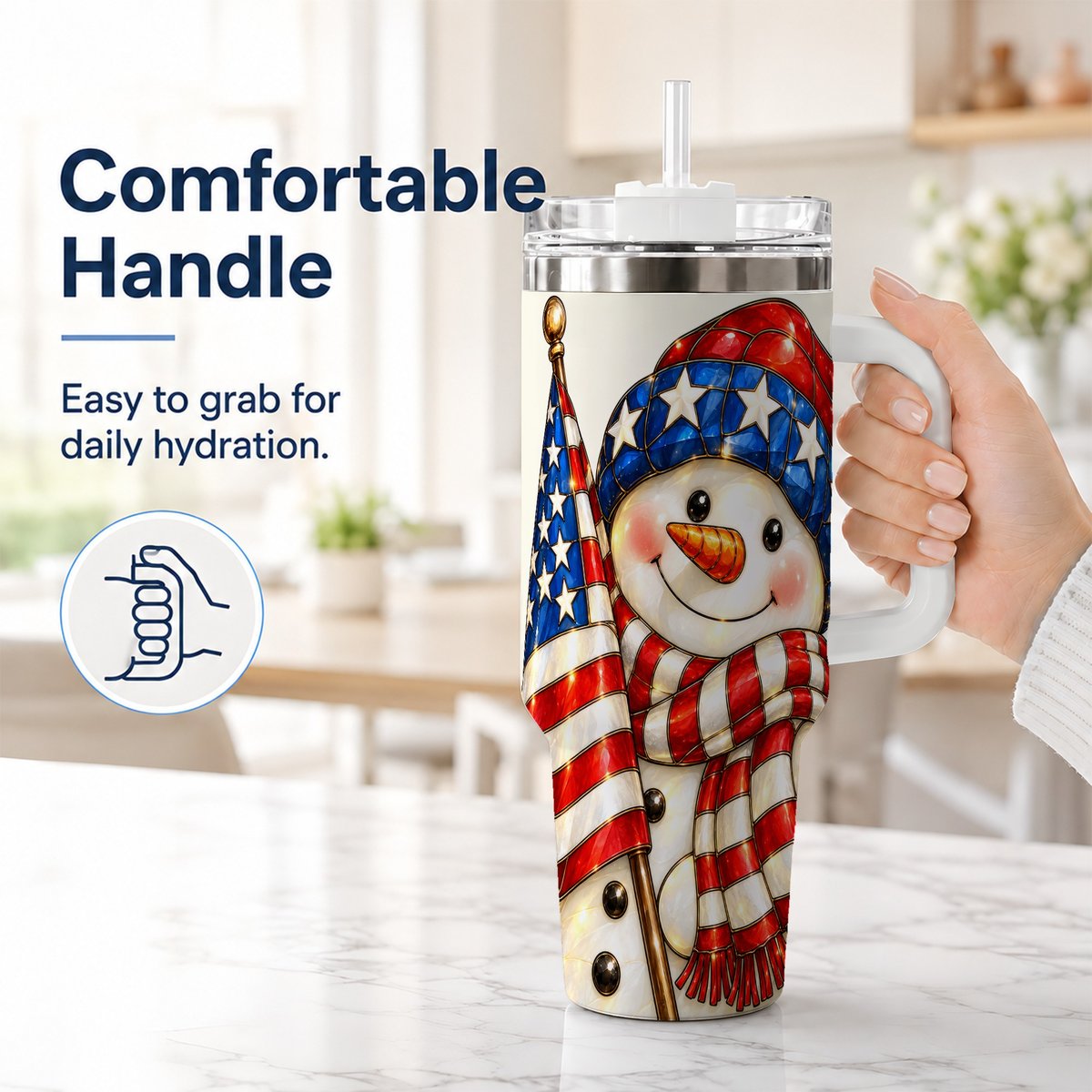 #pl[White] Patriotic Snowman 40oz Tumbler with Handle, American Flag Winter Art