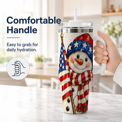 #pl[White] Patriotic Snowman 40oz Tumbler with Handle, American Flag Winter Art