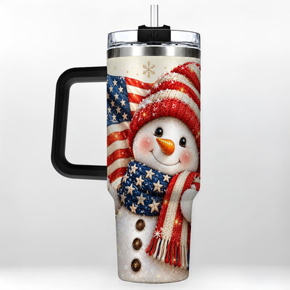 #pl[Black] American Flag Snowman 40oz Tumbler with Handle, Patriotic Winter Art