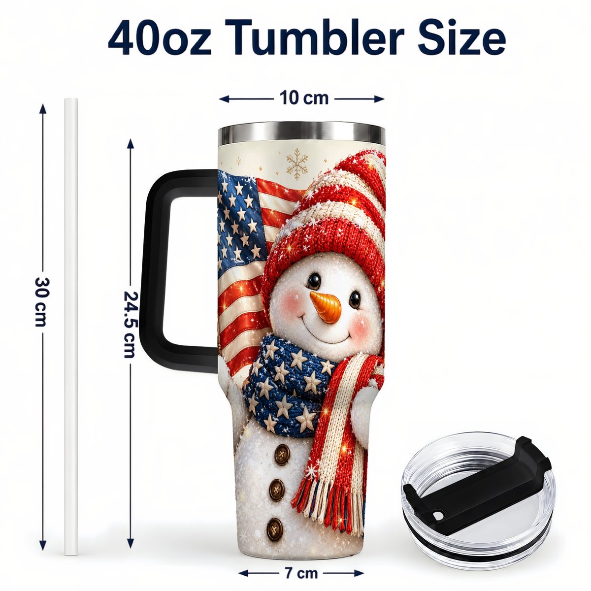 #pl[Black] American Flag Snowman 40oz Tumbler with Handle, Patriotic Winter Art