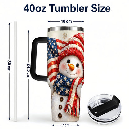 #pl[Black] American Flag Snowman 40oz Tumbler with Handle, Patriotic Winter Art