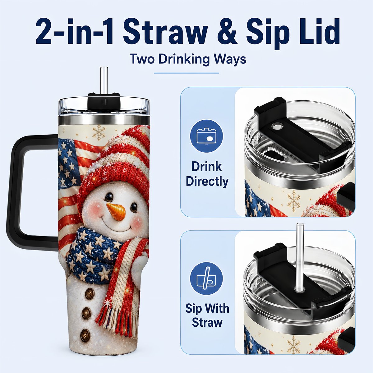 #pl[Black] American Flag Snowman 40oz Tumbler with Handle, Patriotic Winter Art