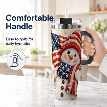 #pl[Black] American Flag Snowman 40oz Tumbler with Handle, Patriotic Winter Art