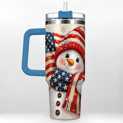 #pl[Blue] American Flag Snowman 40oz Tumbler with Handle, Patriotic Winter Art