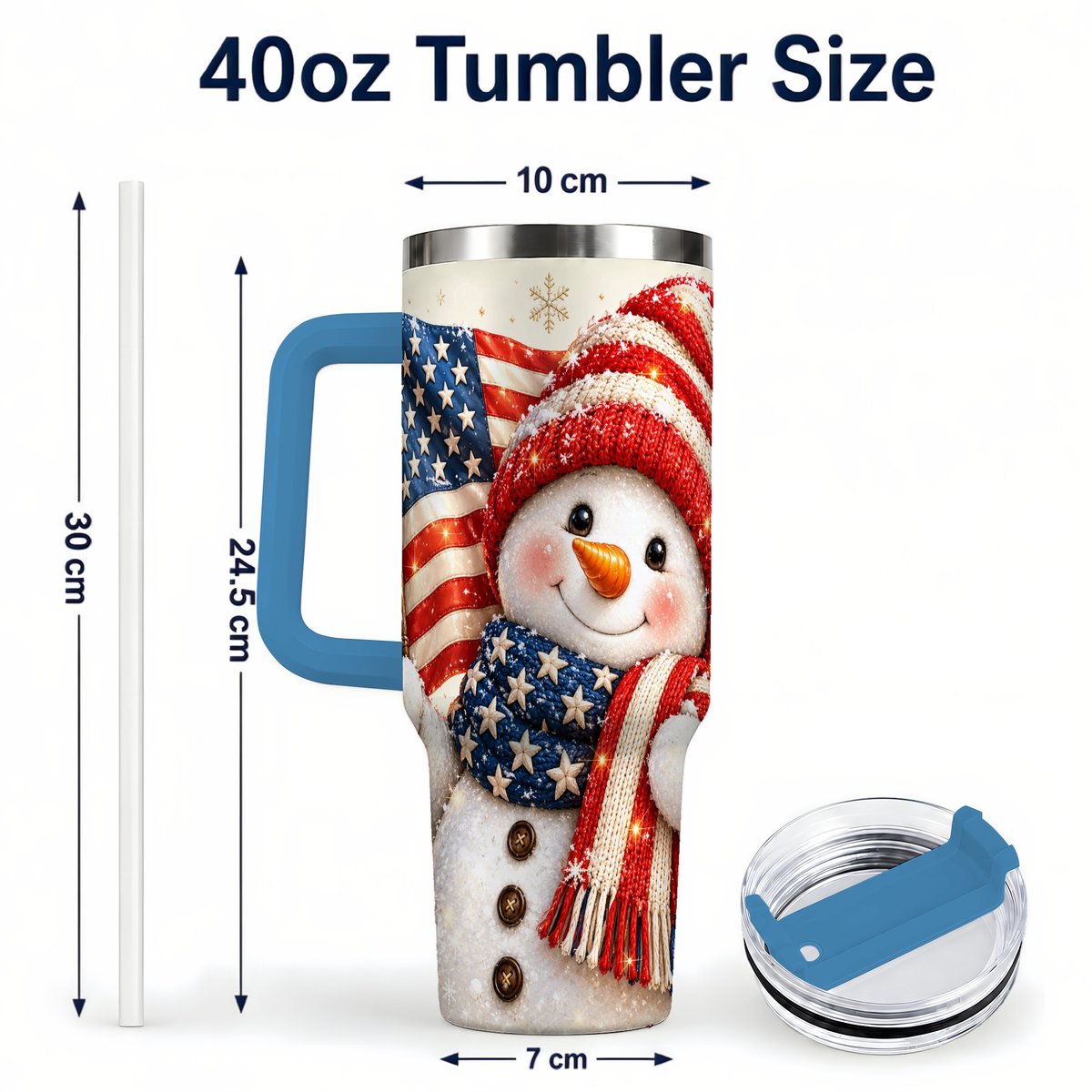 #pl[Blue] American Flag Snowman 40oz Tumbler with Handle, Patriotic Winter Art
