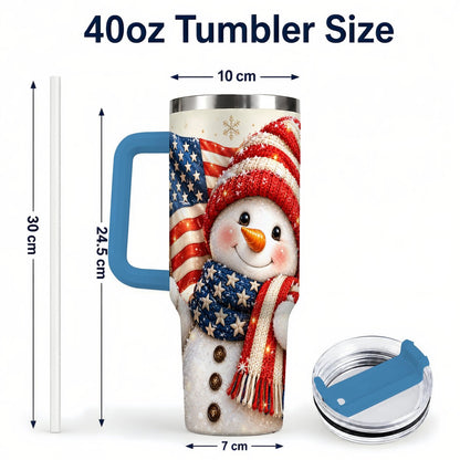 #pl[Blue] American Flag Snowman 40oz Tumbler with Handle, Patriotic Winter Art