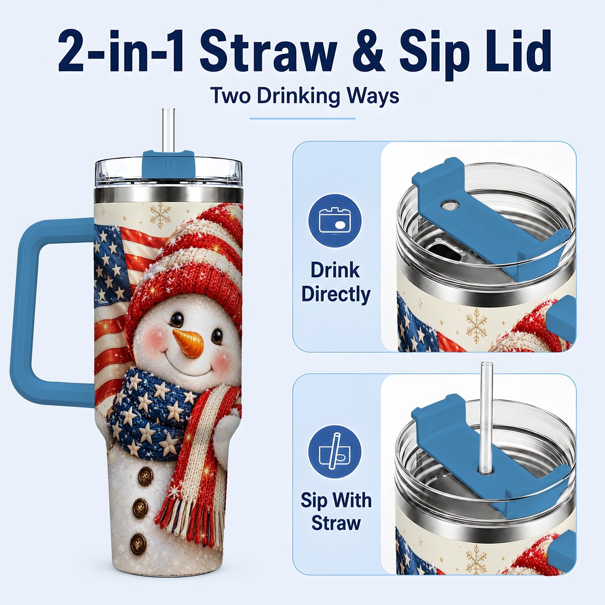 #pl[Blue] American Flag Snowman 40oz Tumbler with Handle, Patriotic Winter Art