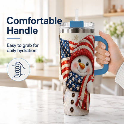 #pl[Blue] American Flag Snowman 40oz Tumbler with Handle, Patriotic Winter Art