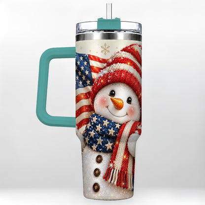 #pl[Green] American Flag Snowman 40oz Tumbler with Handle, Patriotic Winter Art