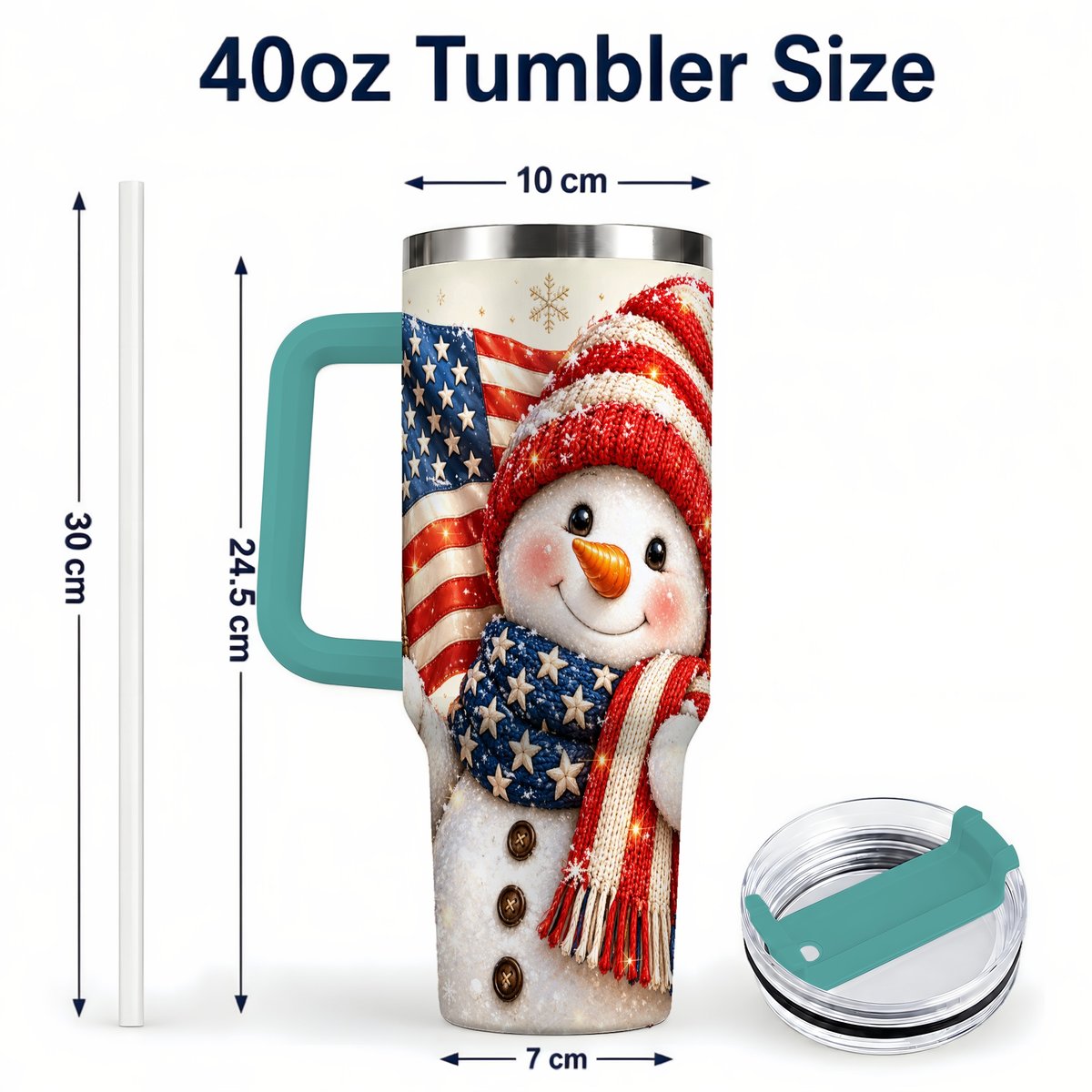#pl[Green] American Flag Snowman 40oz Tumbler with Handle, Patriotic Winter Art