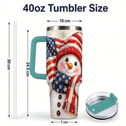 #pl[Green] American Flag Snowman 40oz Tumbler with Handle, Patriotic Winter Art
