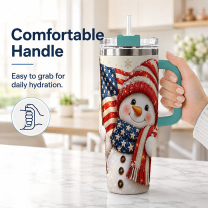 #pl[Green] American Flag Snowman 40oz Tumbler with Handle, Patriotic Winter Art
