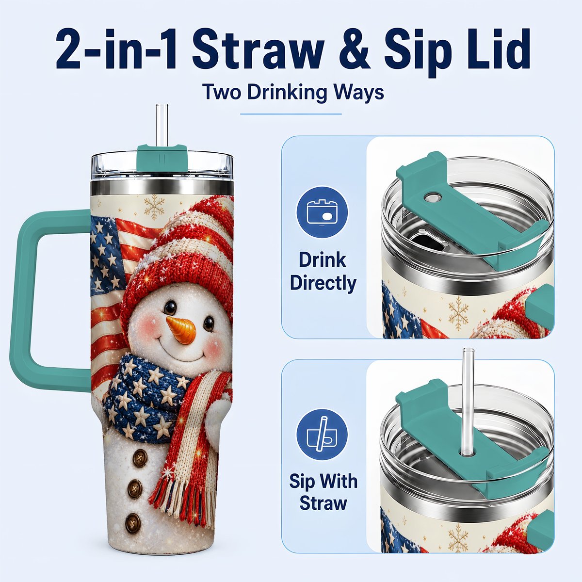 #pl[Green] American Flag Snowman 40oz Tumbler with Handle, Patriotic Winter Art