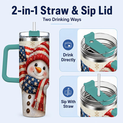 #pl[Green] American Flag Snowman 40oz Tumbler with Handle, Patriotic Winter Art