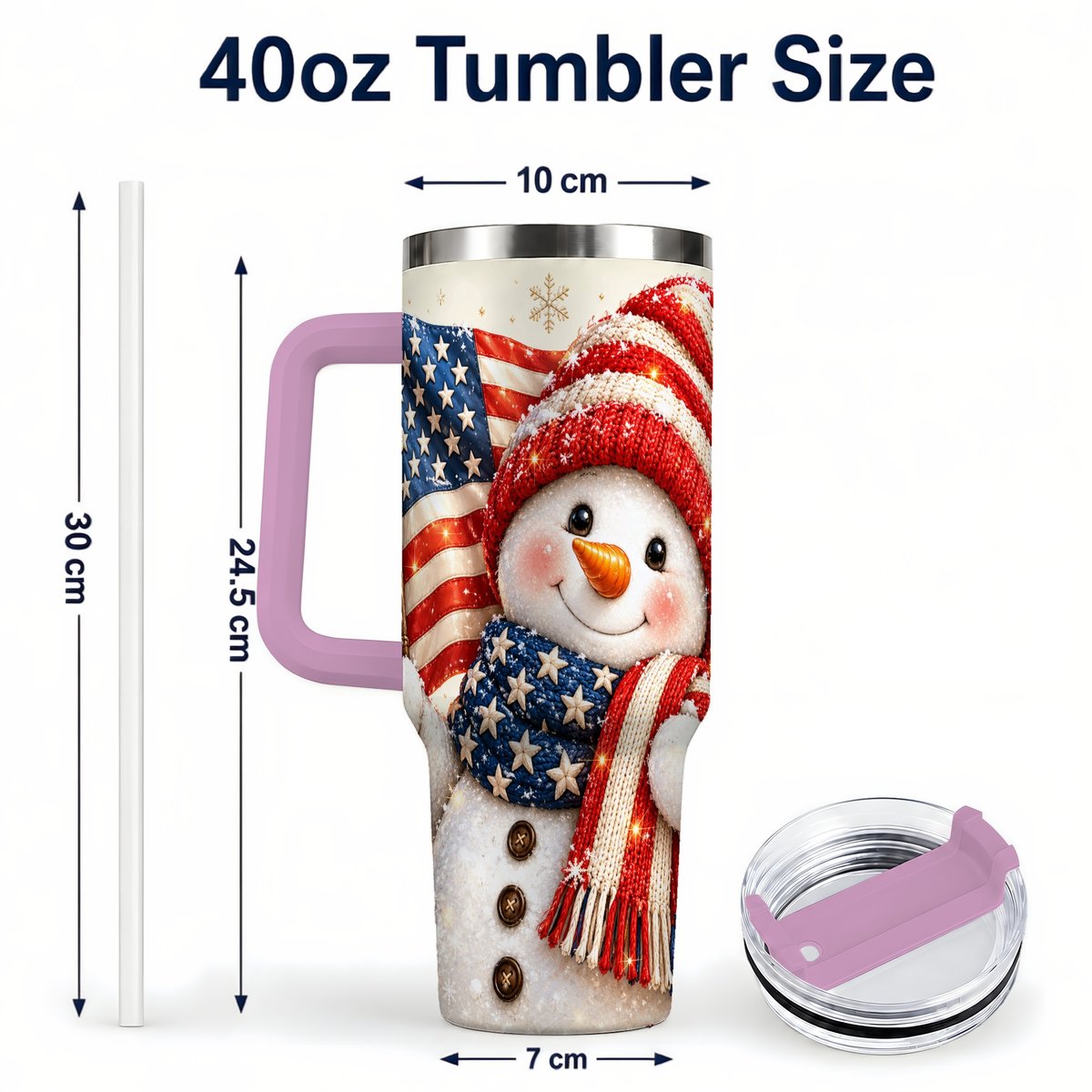 #pl[Pink] American Flag Snowman 40oz Tumbler with Handle, Patriotic Winter Art