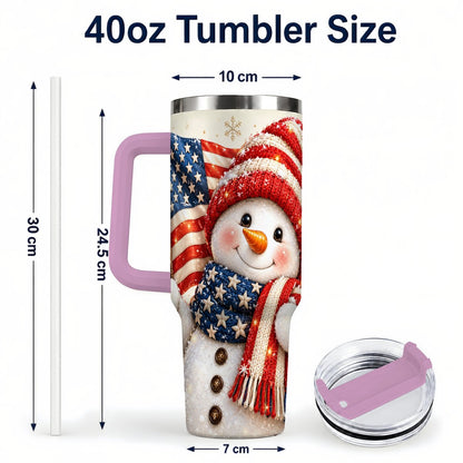 #pl[Pink] American Flag Snowman 40oz Tumbler with Handle, Patriotic Winter Art
