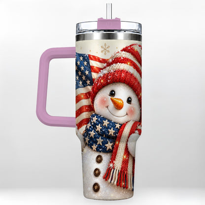 #pl[Pink] American Flag Snowman 40oz Tumbler with Handle, Patriotic Winter Art