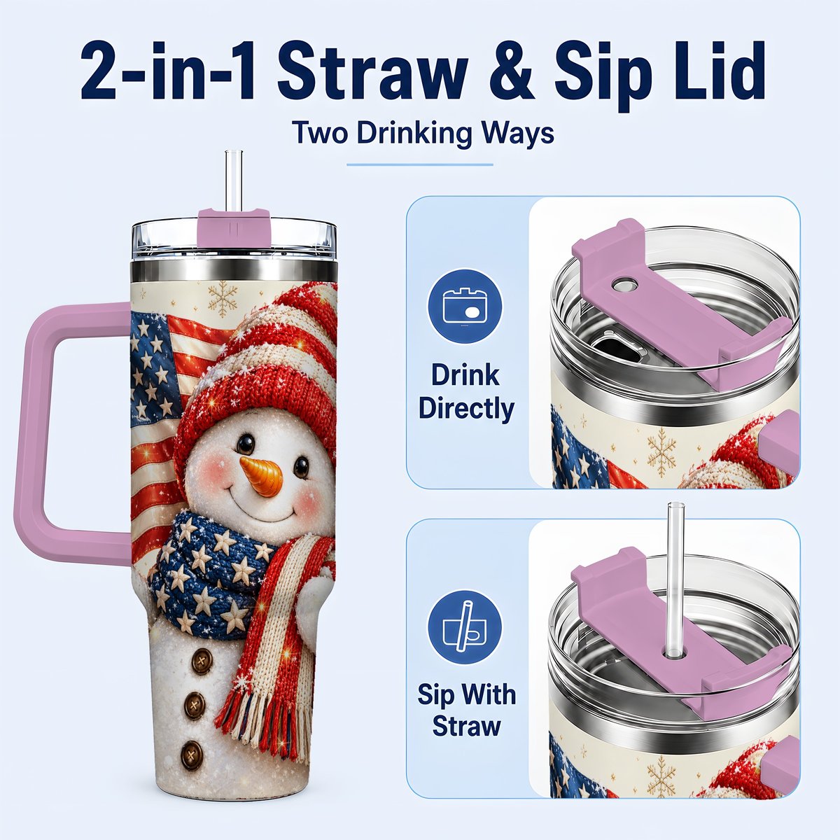 #pl[Pink] American Flag Snowman 40oz Tumbler with Handle, Patriotic Winter Art