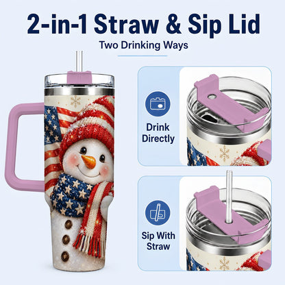 #pl[Pink] American Flag Snowman 40oz Tumbler with Handle, Patriotic Winter Art
