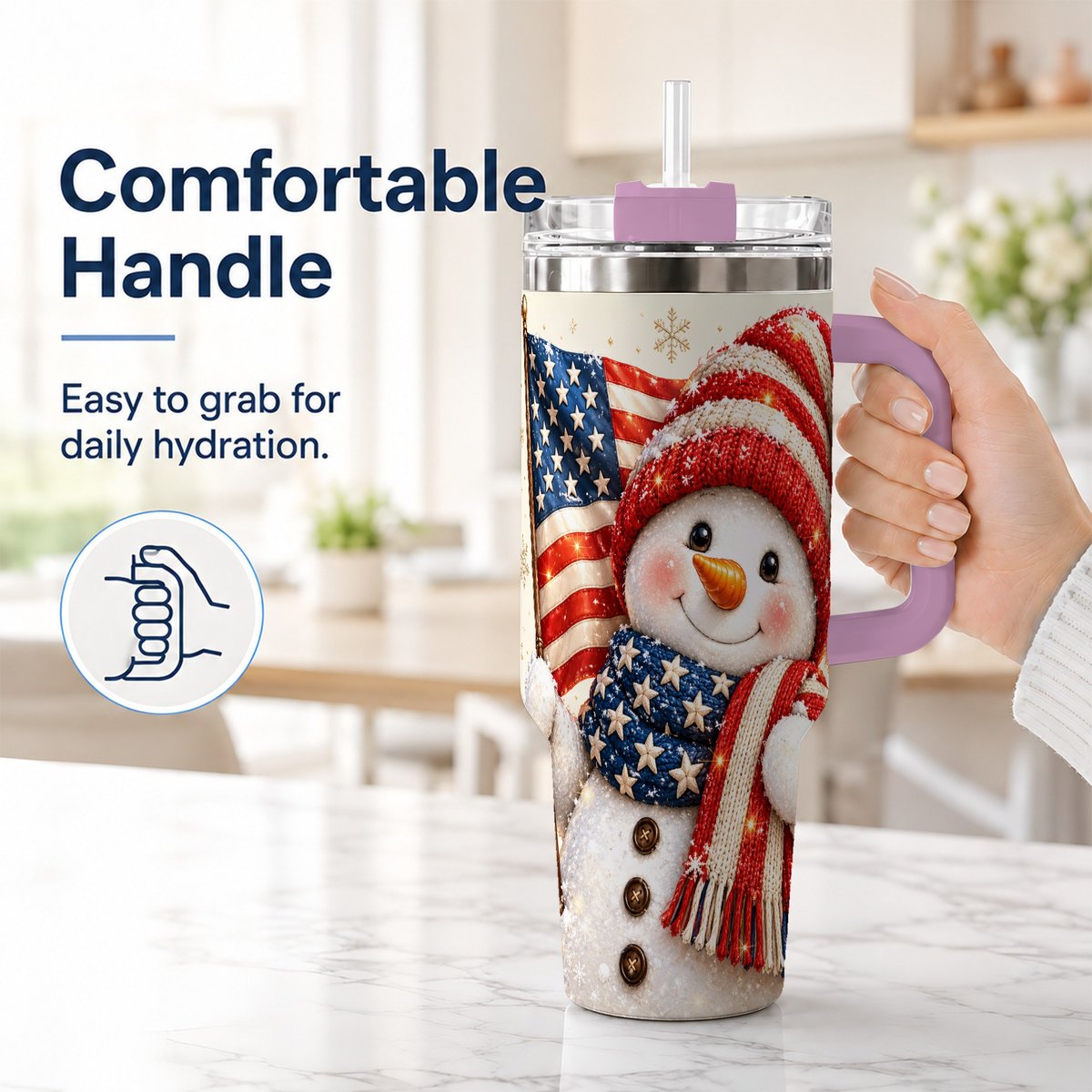 #pl[Pink] American Flag Snowman 40oz Tumbler with Handle, Patriotic Winter Art