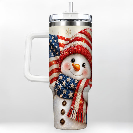 American Flag Snowman 40oz Tumbler with Handle, Patriotic Winter Art