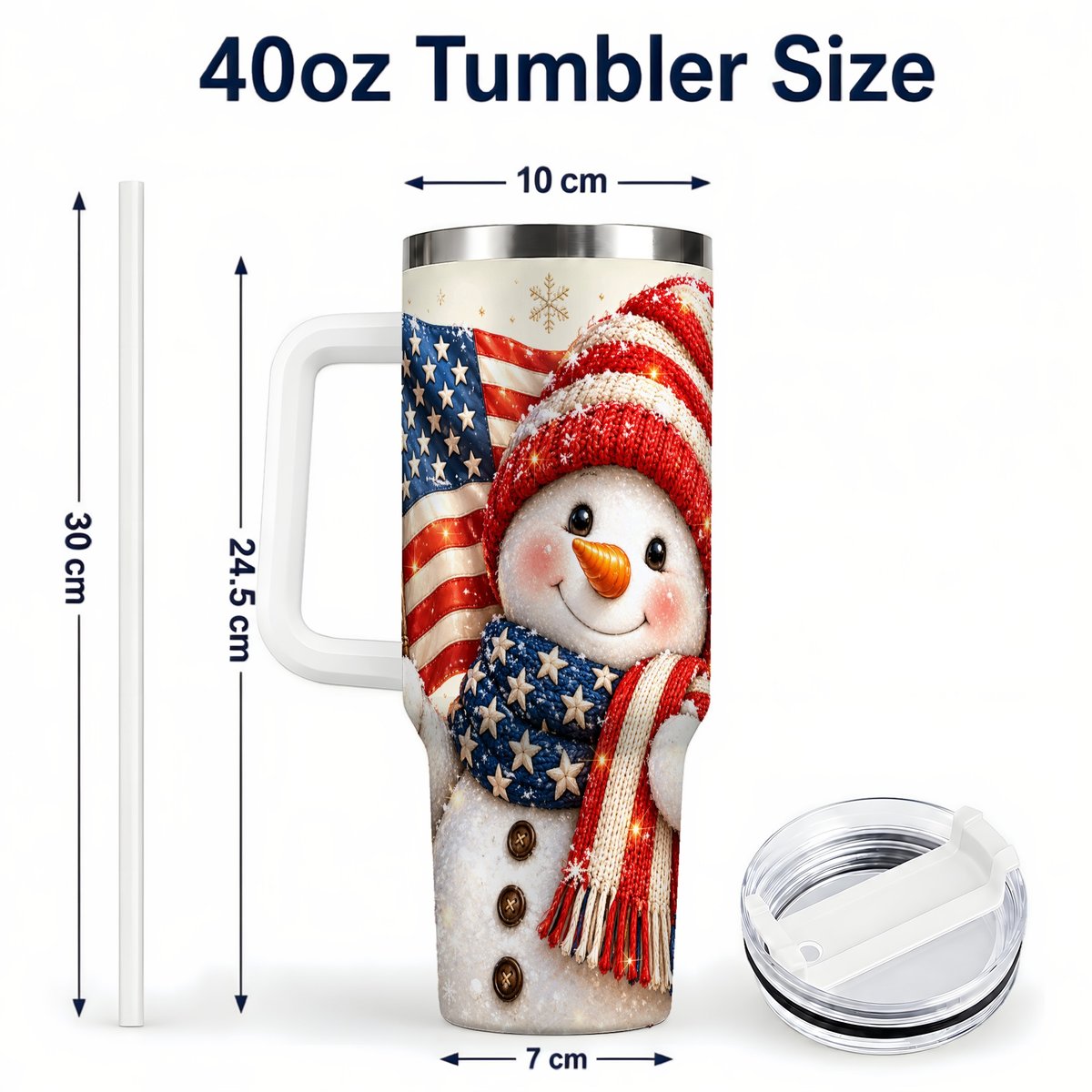 #pl[White] American Flag Snowman 40oz Tumbler with Handle, Patriotic Winter Art