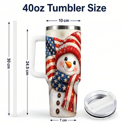 #pl[White] American Flag Snowman 40oz Tumbler with Handle, Patriotic Winter Art