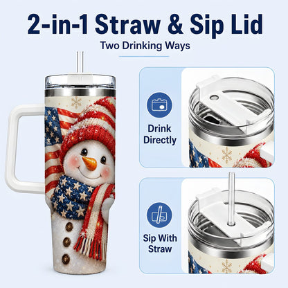 #pl[White] American Flag Snowman 40oz Tumbler with Handle, Patriotic Winter Art