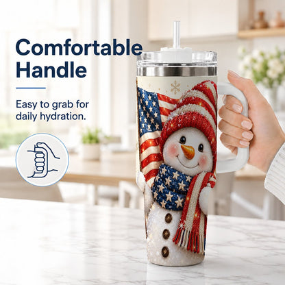 #pl[White] American Flag Snowman 40oz Tumbler with Handle, Patriotic Winter Art