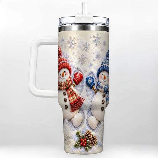 Snow Angel Snowmen 40oz Tumbler with Handle, Cozy Winter Friends Art