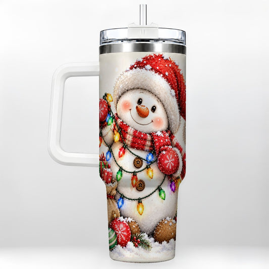 Christmas Snowman 40oz Tumbler with Handle, Festive Holiday Lights