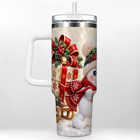 Christmas Snowman 40oz Tumbler with Handle, Holiday Sleigh Artwork