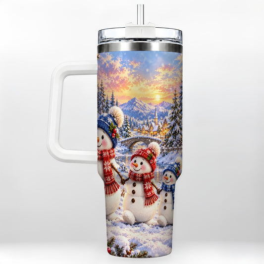 Snowman Family 40oz Tumbler with Handle, Snowy Winter Village Scene