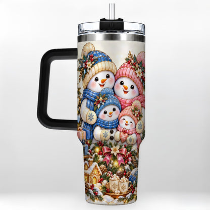 #pl[Black] Pastel Snowman 40oz Tumbler with Handle, Christmas Family Artwork