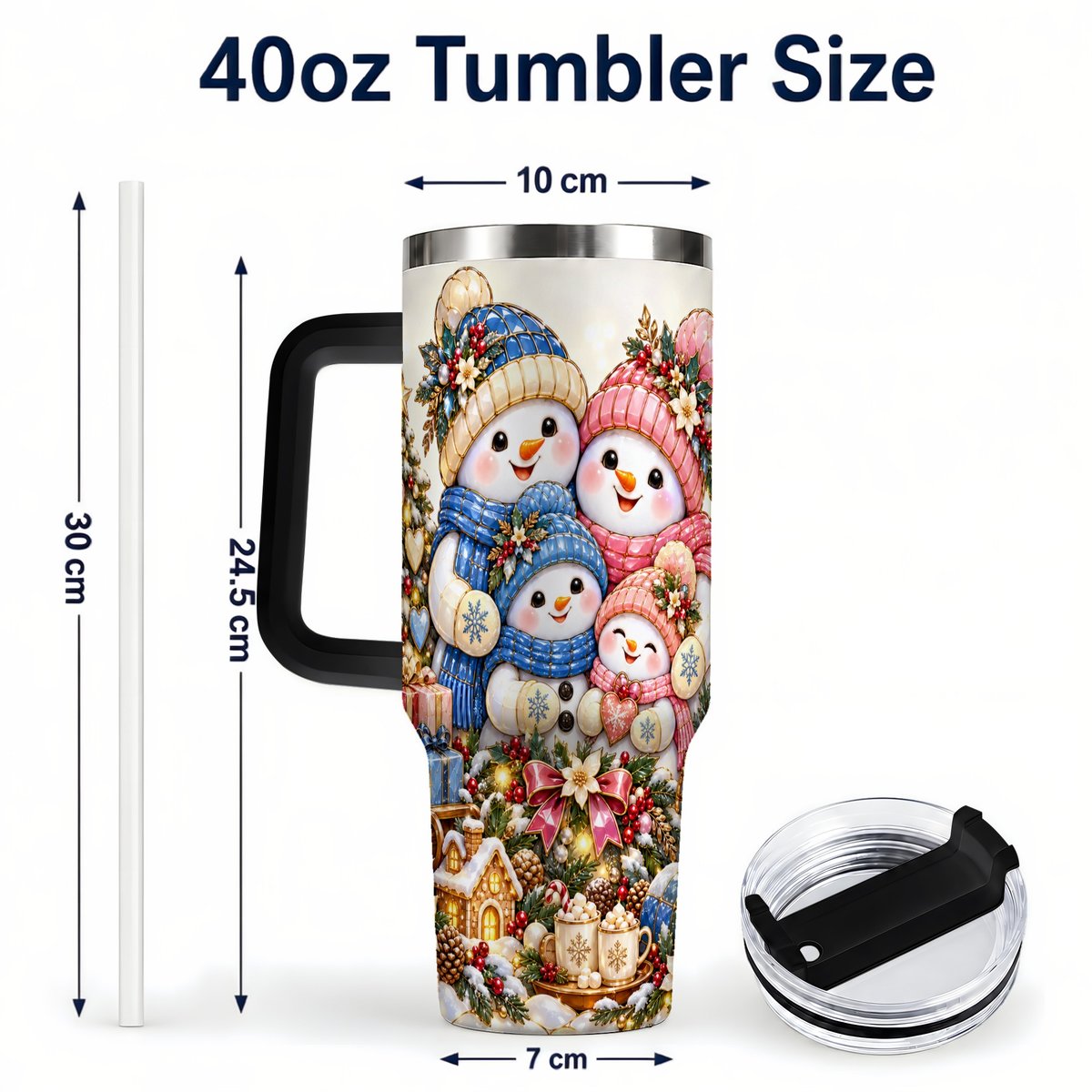 #pl[Black] Pastel Snowman 40oz Tumbler with Handle, Christmas Family Artwork