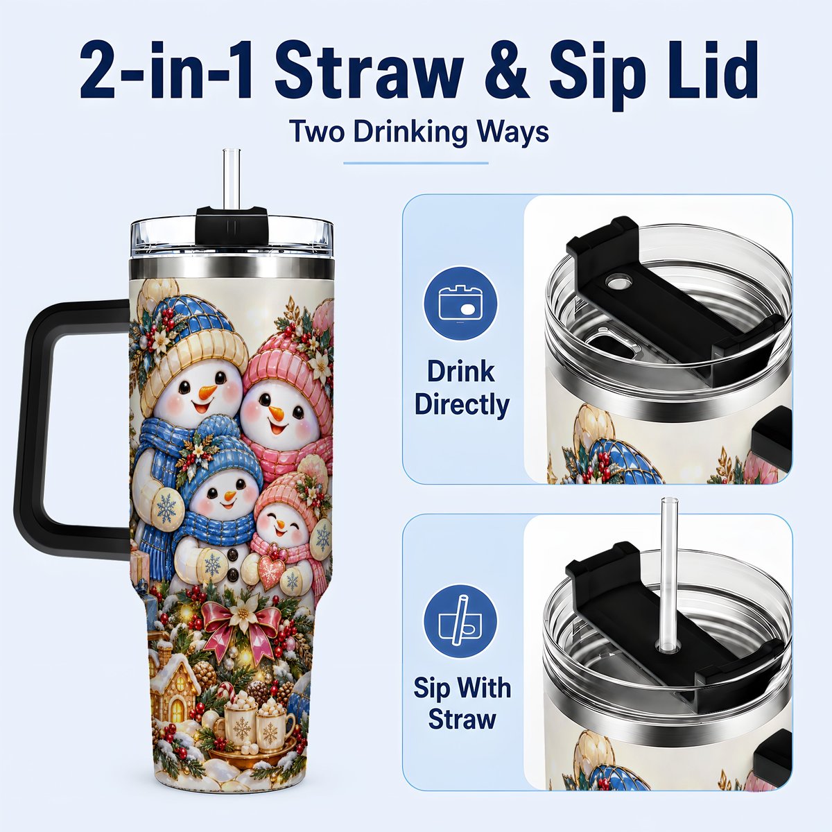 #pl[Black] Pastel Snowman 40oz Tumbler with Handle, Christmas Family Artwork