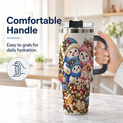#pl[Black] Pastel Snowman 40oz Tumbler with Handle, Christmas Family Artwork