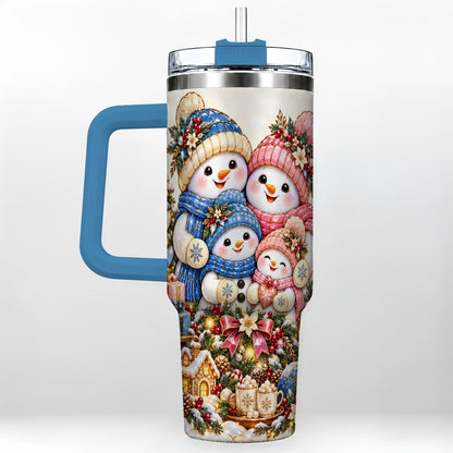 #pl[Blue] Pastel Snowman 40oz Tumbler with Handle, Christmas Family Artwork