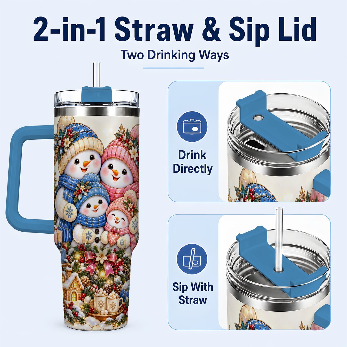 #pl[Blue] Pastel Snowman 40oz Tumbler with Handle, Christmas Family Artwork