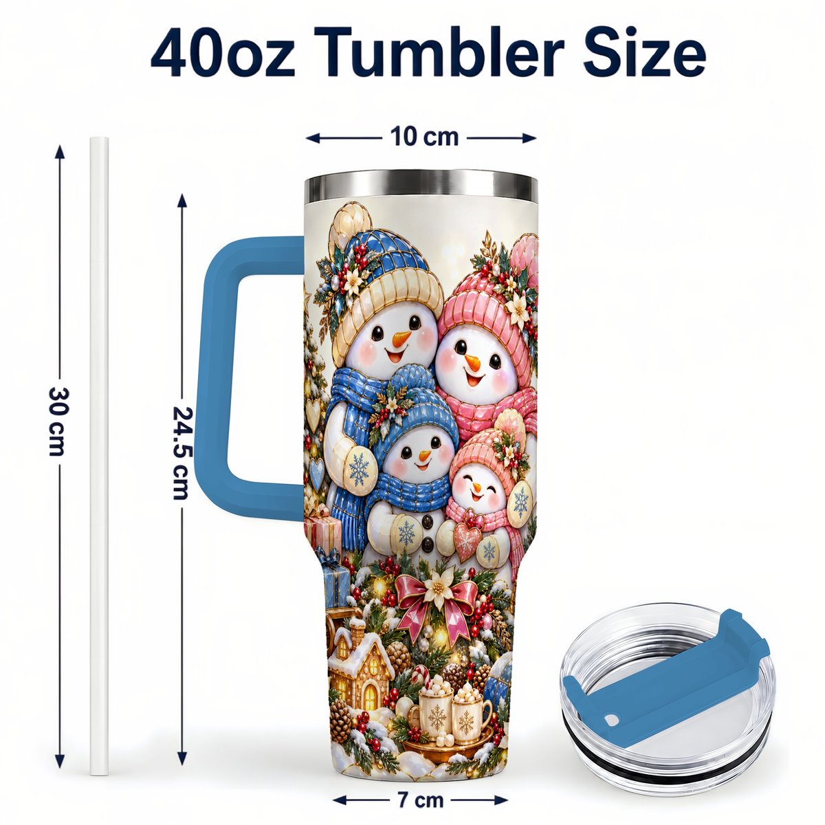 #pl[Blue] Pastel Snowman 40oz Tumbler with Handle, Christmas Family Artwork