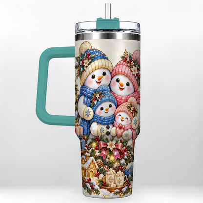 #pl[Green] Pastel Snowman 40oz Tumbler with Handle, Christmas Family Artwork