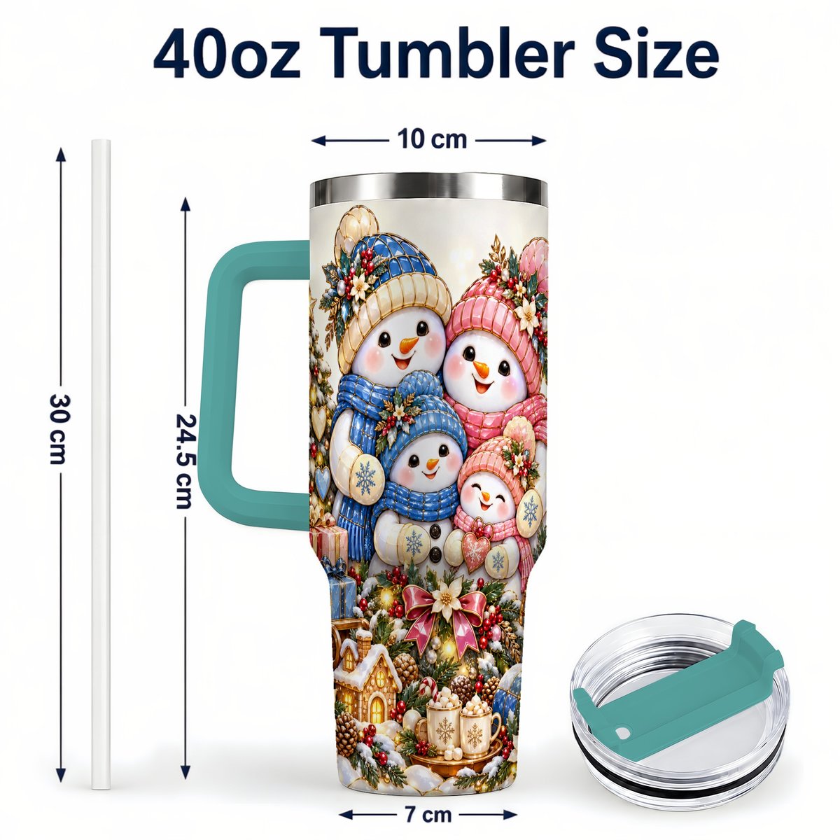#pl[Green] Pastel Snowman 40oz Tumbler with Handle, Christmas Family Artwork