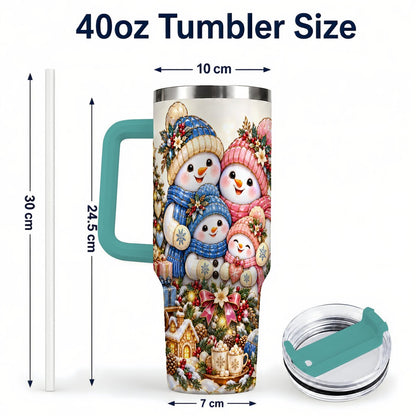 #pl[Green] Pastel Snowman 40oz Tumbler with Handle, Christmas Family Artwork