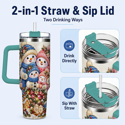 #pl[Green] Pastel Snowman 40oz Tumbler with Handle, Christmas Family Artwork