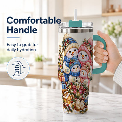 #pl[Green] Pastel Snowman 40oz Tumbler with Handle, Christmas Family Artwork
