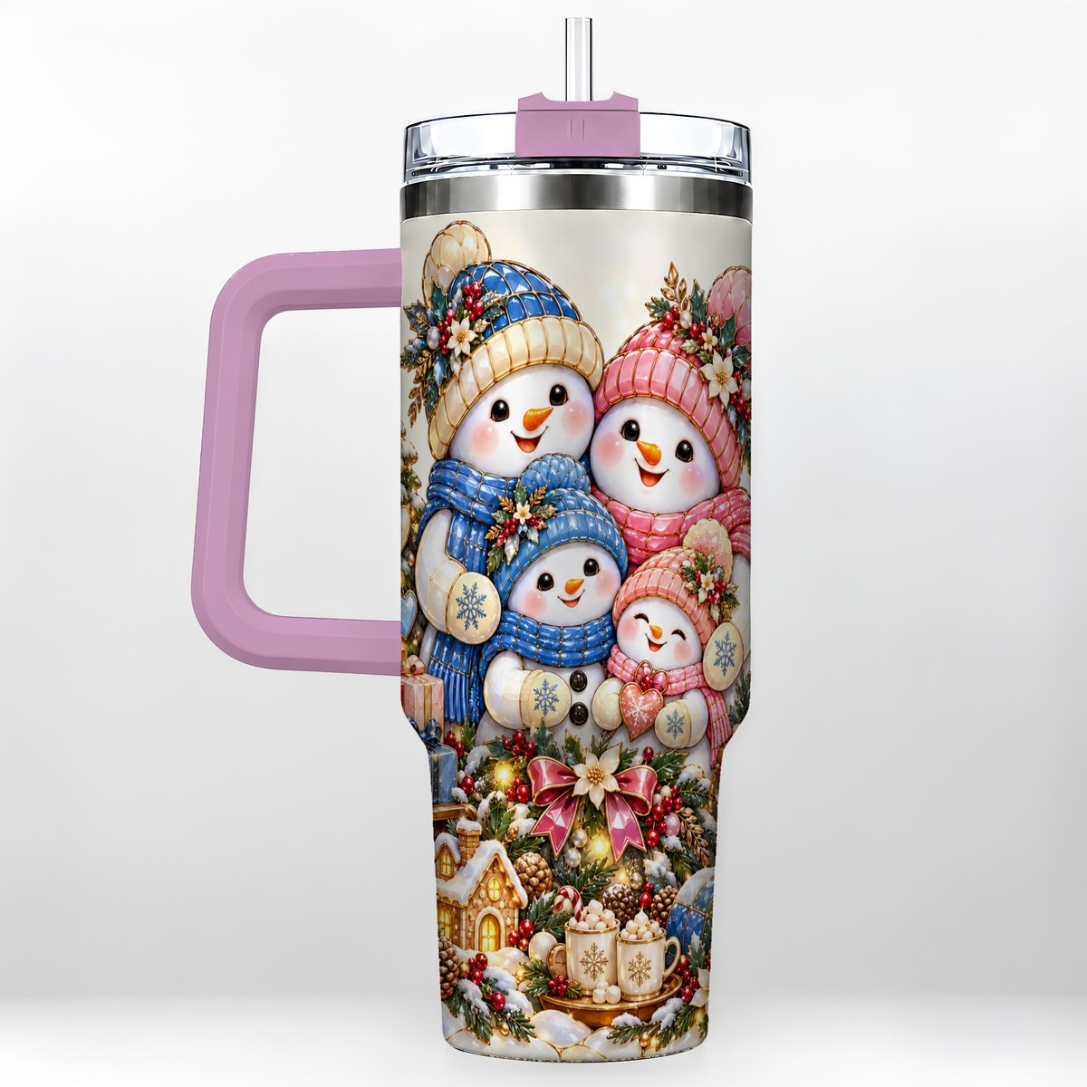 #pl[Pink] Pastel Snowman 40oz Tumbler with Handle, Christmas Family Artwork
