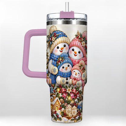 #pl[Pink] Pastel Snowman 40oz Tumbler with Handle, Christmas Family Artwork