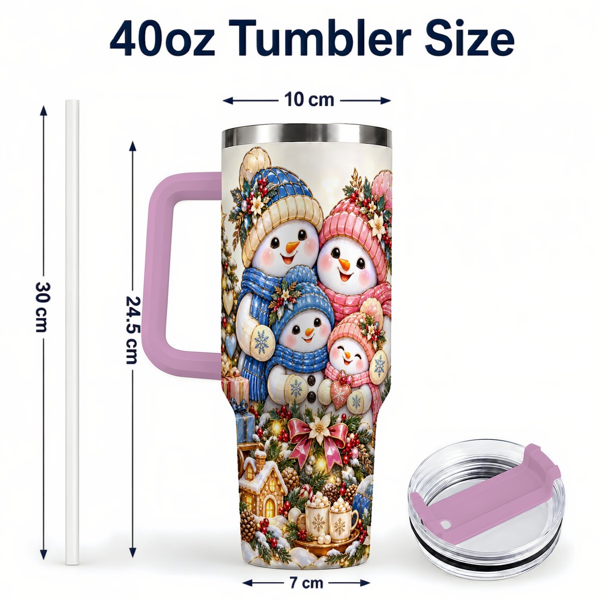 #pl[Pink] Pastel Snowman 40oz Tumbler with Handle, Christmas Family Artwork